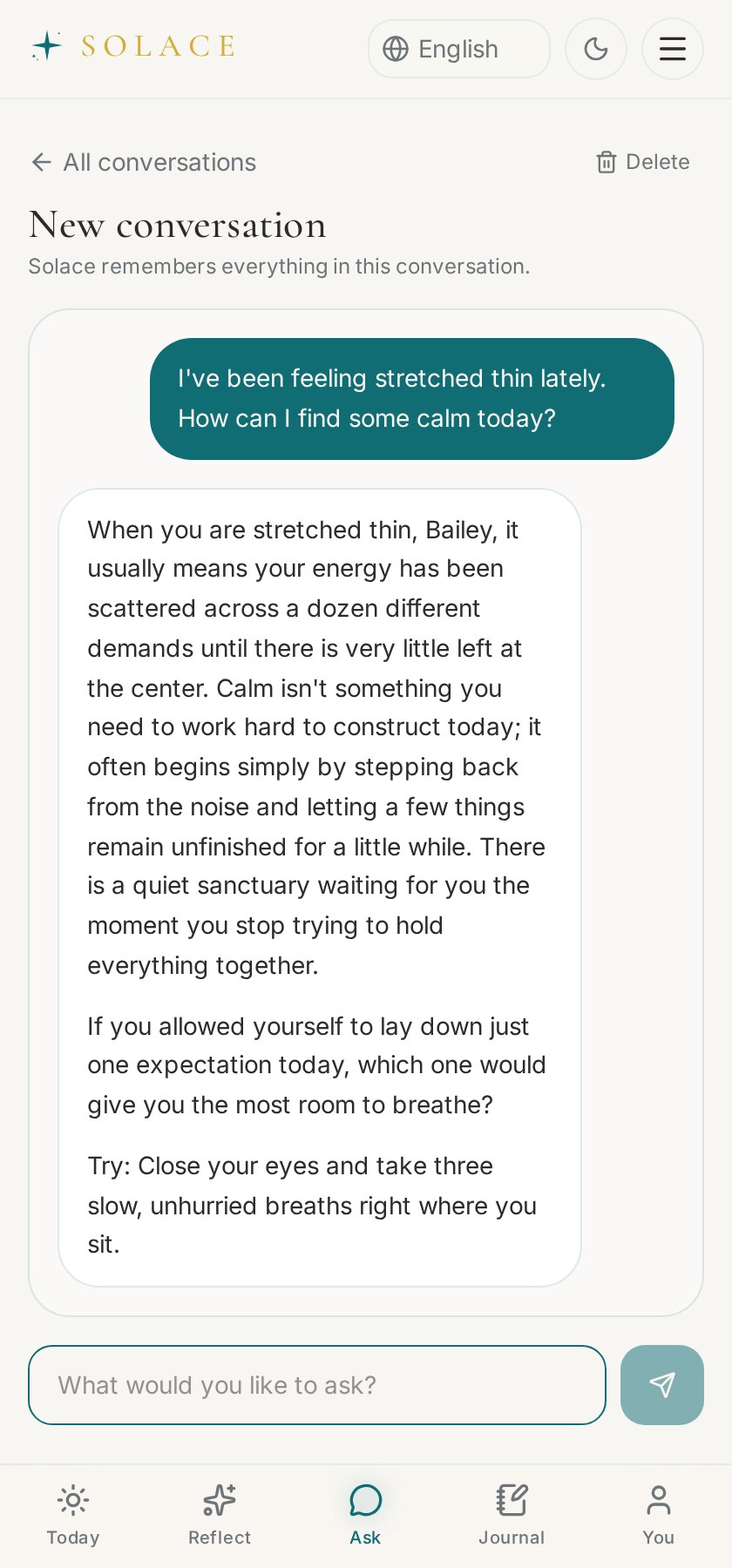 Ask Solace conversation with a gentle, reflective response
