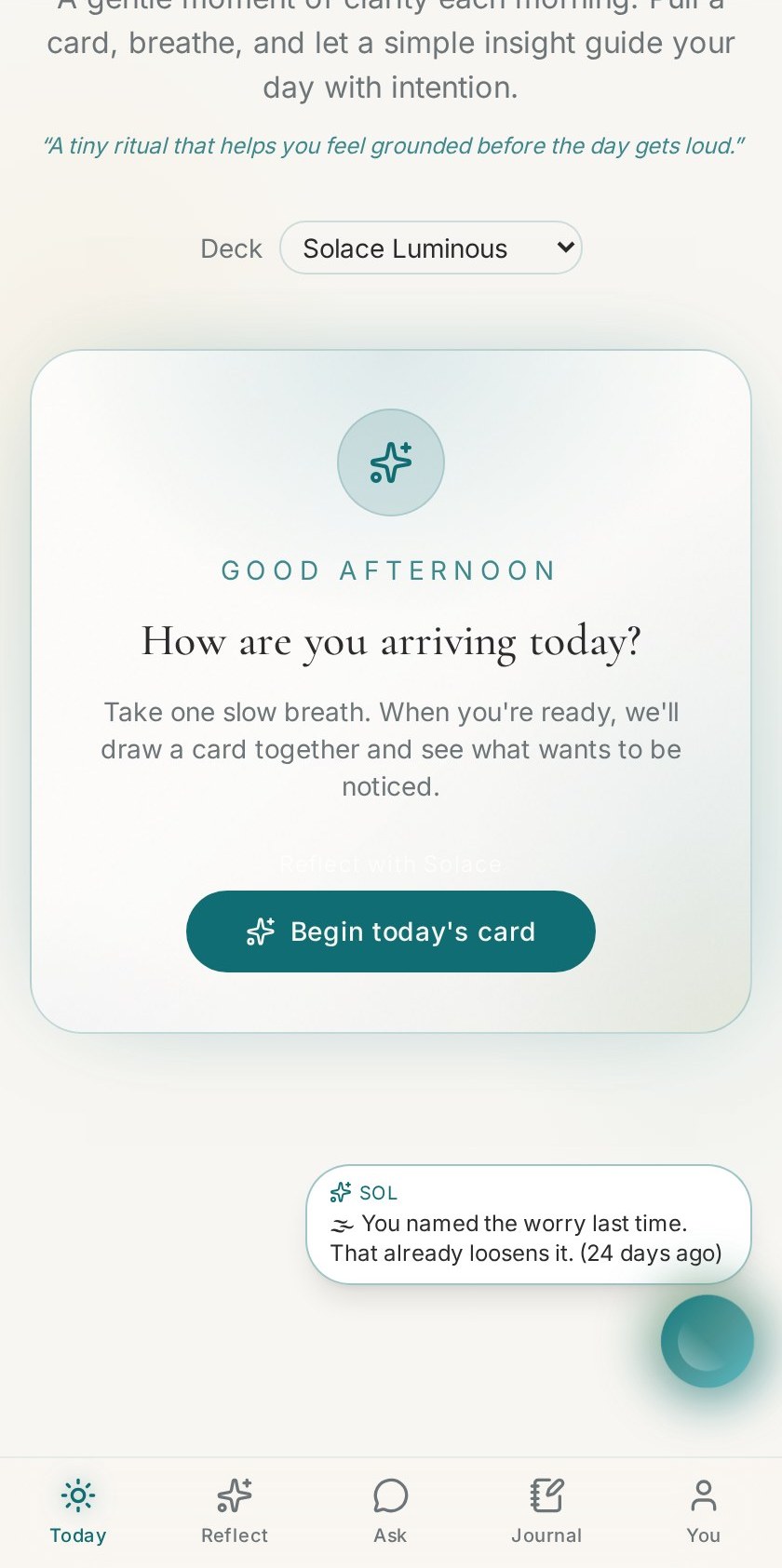 Solace daily card pull screen inviting you to begin today's card