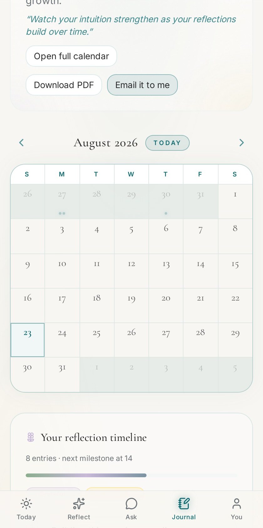Solace journal calendar showing reflection entries across the month