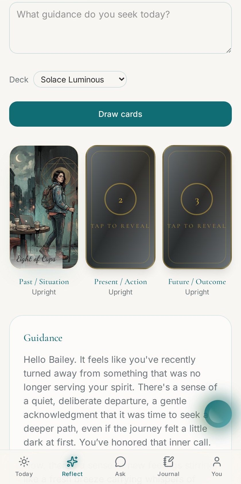 Three card spread in Solace with past, present and future positions